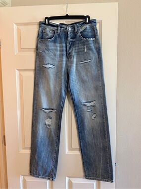 7 For All Mankind Women's Distressed Light Blue Easy Straight Leg Jeans